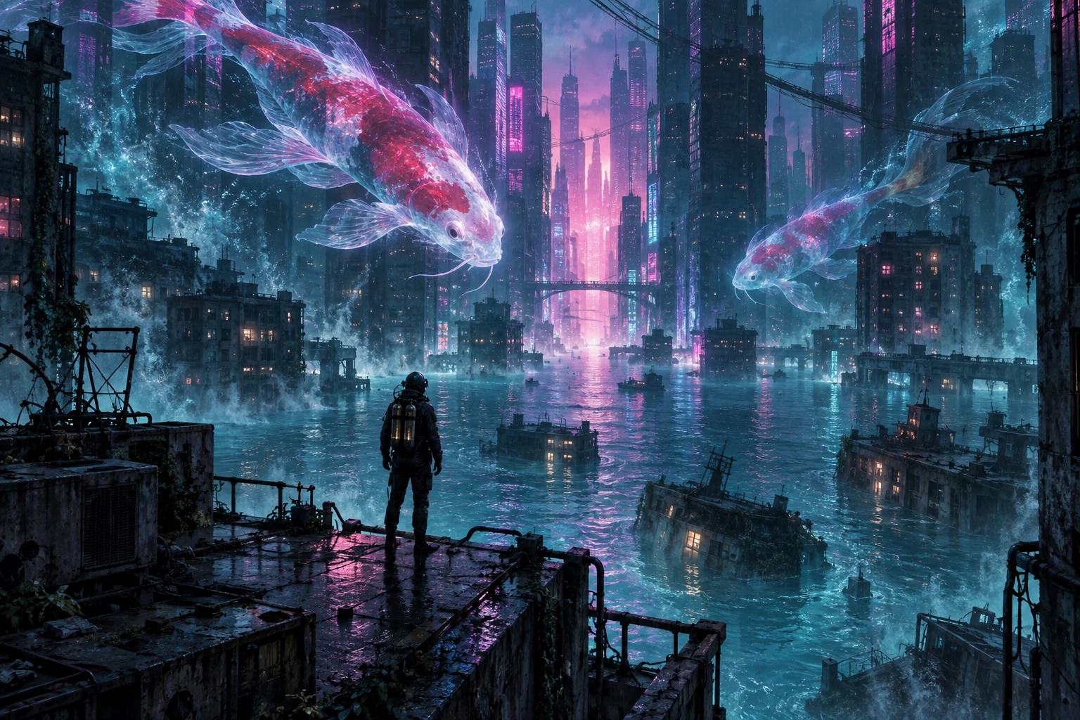 A diver watches spectral koi swim through a flooded neon city