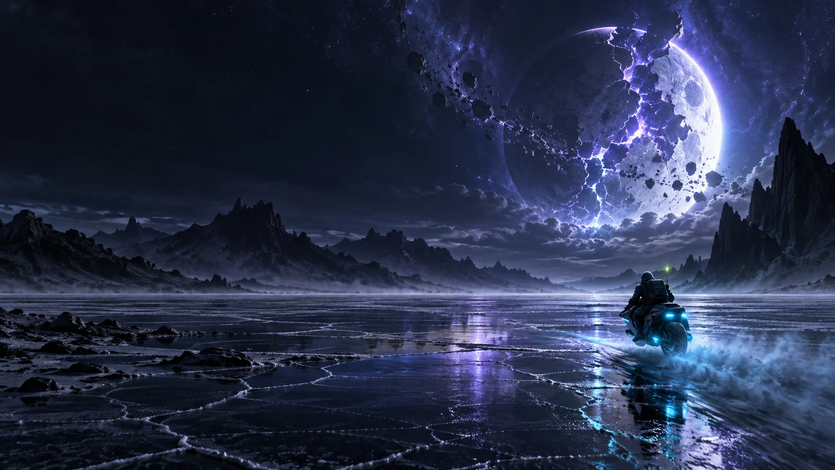 A courier crossing an alien salt desert beneath a fractured moon